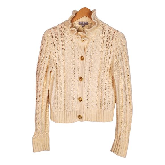 J. Crew Cable Knit Ruffleneck Cardigan Sweater Wool Butter Cream BV351 Medium - Picture 3 of 12